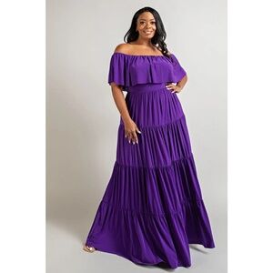 Plus Size Flouce Off Shoulder Tiered Maxi Dress - Purple - NEW